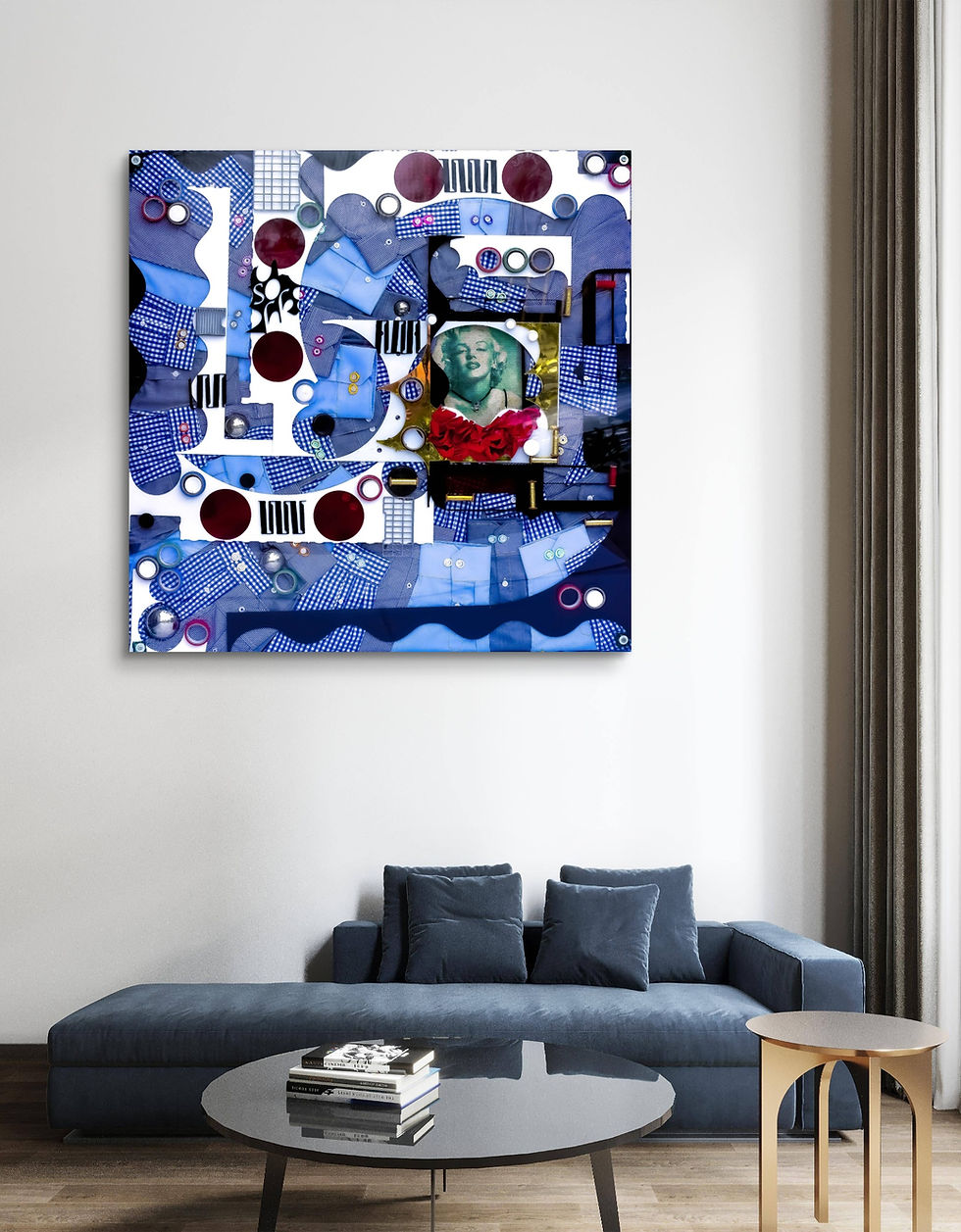Thumbnail: Eyes on Me upcycled mixed media artwork by Lisa Watkins styled in a modern living room, combining sustainable materials with