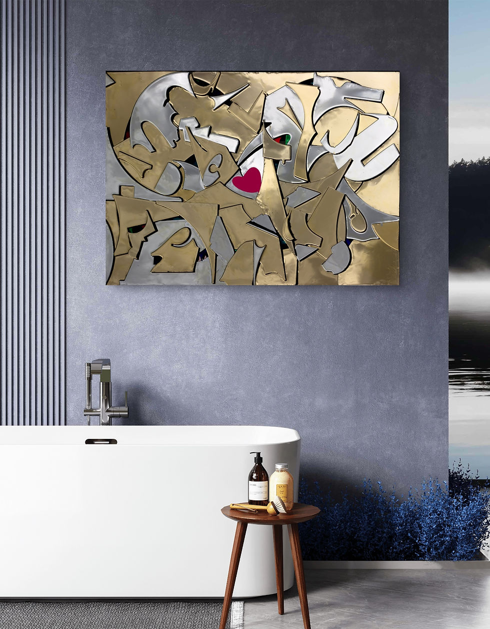 Thumbnail: Distorted Love art wall sculpture displayed above bath in contemporary bathroom