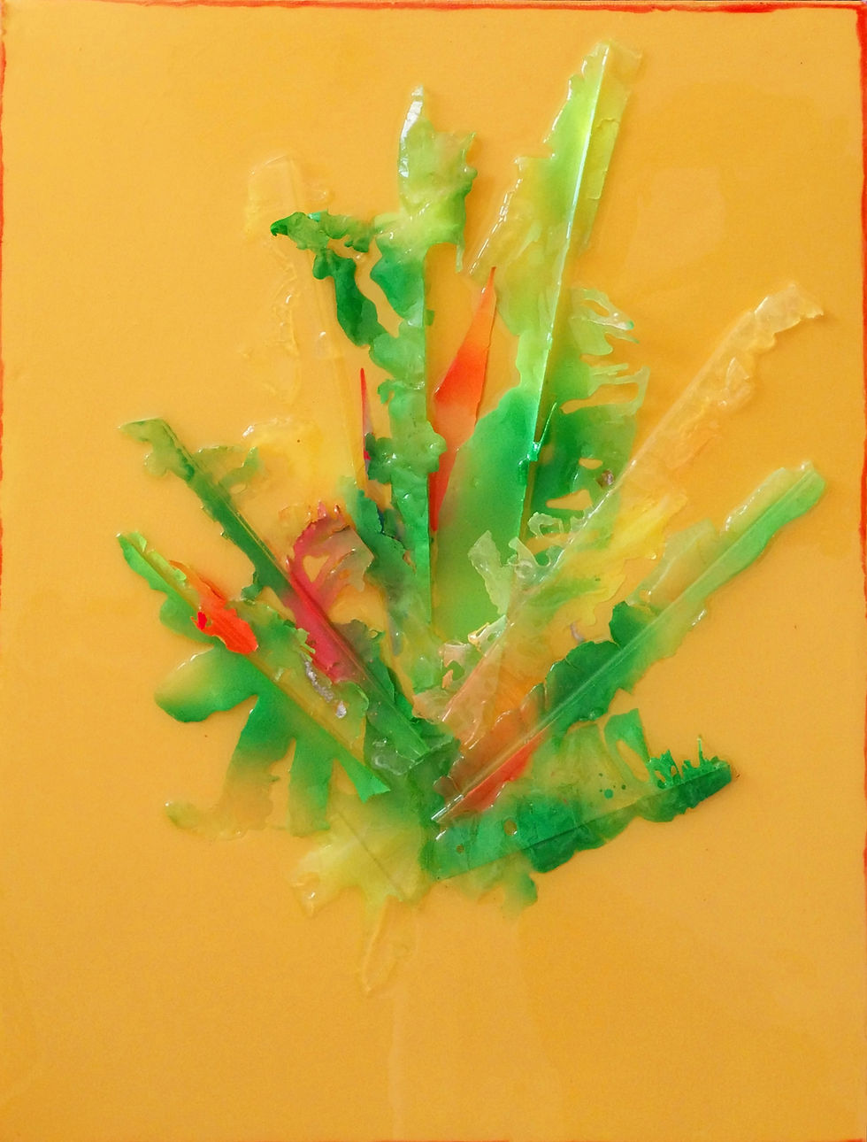 Detail of sustainable mixed media art using recycled resin fragments