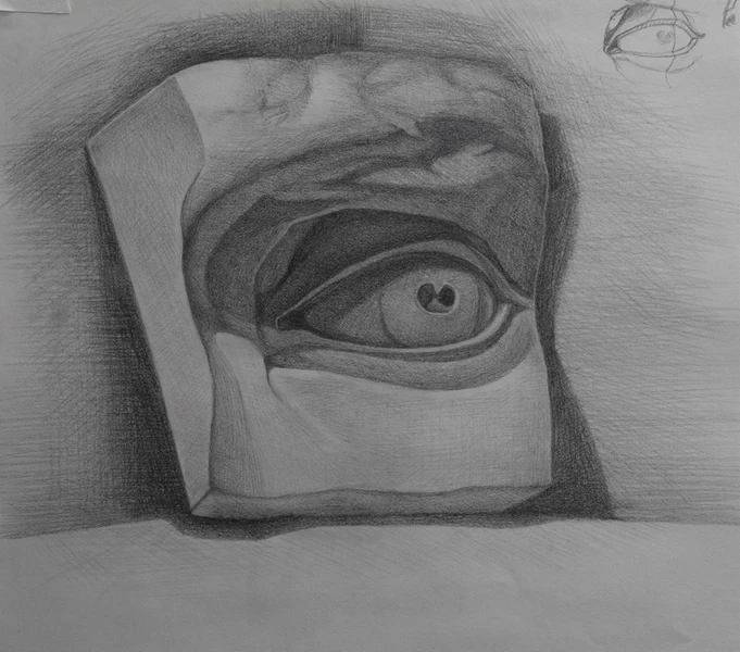 Student's detailed drawing of a sculptural element - David's eye by Michelangelo.
