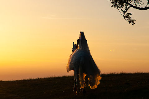 portrait of lady on horse in wedding dress at sunset