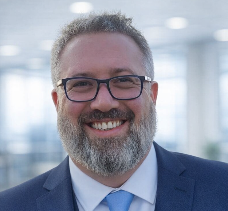 A picture of a white, middle aged man in a blue suit and a blue tie. He has grey hair and beard, and is wearing glasses. He is smiling, warmly.