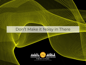 Yellow wave pattern on black background with text "Don't Make it Noisy in There." Shaolin Wahnam Twin Cities logo at the bottom.