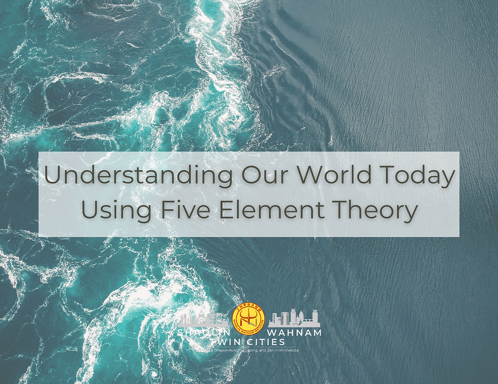 Ocean waves with text "Understanding Our World Today Using Five Element Theory" overlaid. Bottom logo: "Shaolin Wahnam Twin Cities".