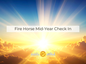 Sunrise sky with clouds and sun rays, titled Fire Horse Mid-Year Check In; Shaolin Wahnam Twin Cities logo at bottom.