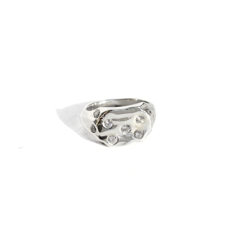 Thumbnail: Silver organic ring with lab-grown diamonds, sculpted textured design, photographed outdoors.