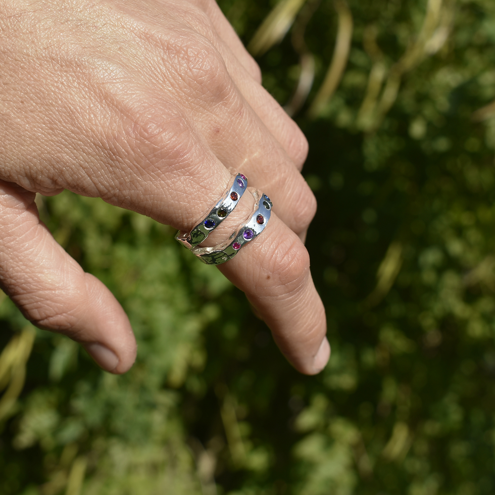 Thumbnail: Silver double band ring with amethyst, sapphire, ruby, tourmaline, and garnet in a wavy organic design