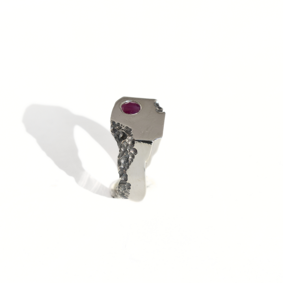 Thumbnail: Handmade silver ruby ring, asymmetrical design, bold artisan jewelry, July birthstone ring.