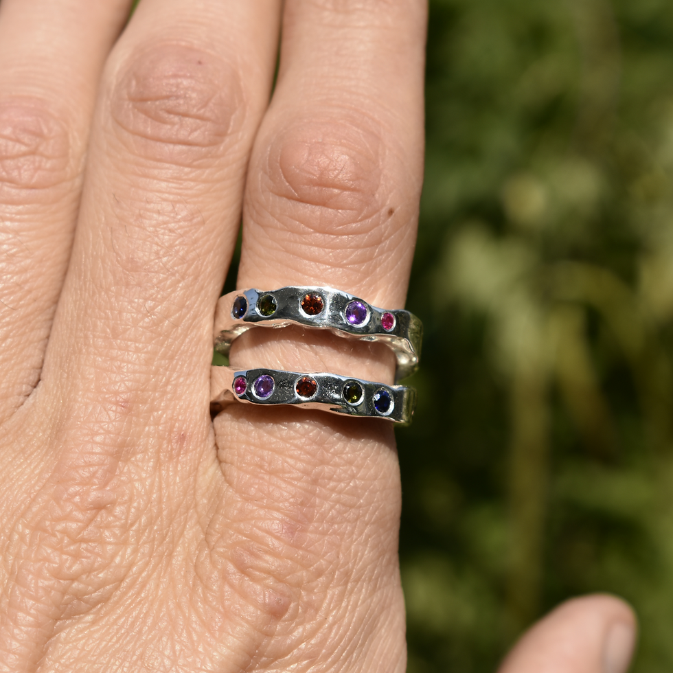Thumbnail: Silver double band ring with amethyst, sapphire, ruby, tourmaline, and garnet in a wavy organic design