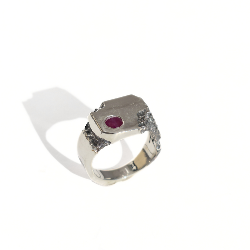 Thumbnail: Handmade silver ruby ring, asymmetrical design, bold artisan jewelry, July birthstone ring.