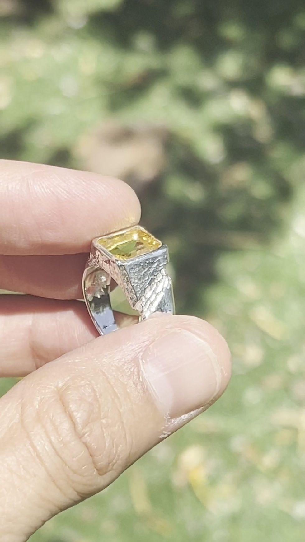 Thumbnail: Sterling silver ring with rectangular yellow citrine and raw textured design, men's modern jewelry