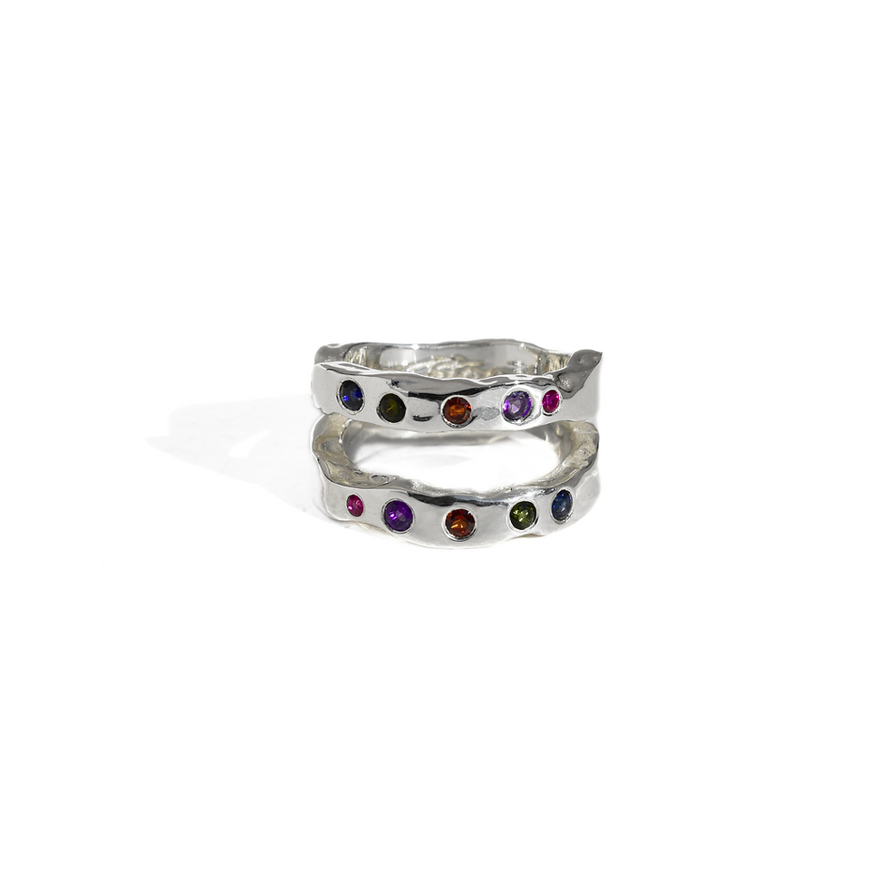 Thumbnail: Silver double band ring with amethyst, sapphire, ruby, tourmaline, and garnet in a wavy organic design