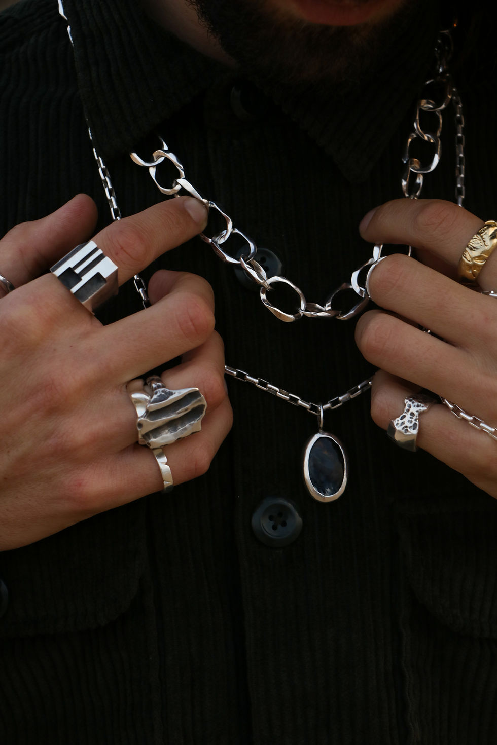Thumbnail: Brucite.
Like a mineral that came out of the ground. 
Silver ring with black oxide touch..