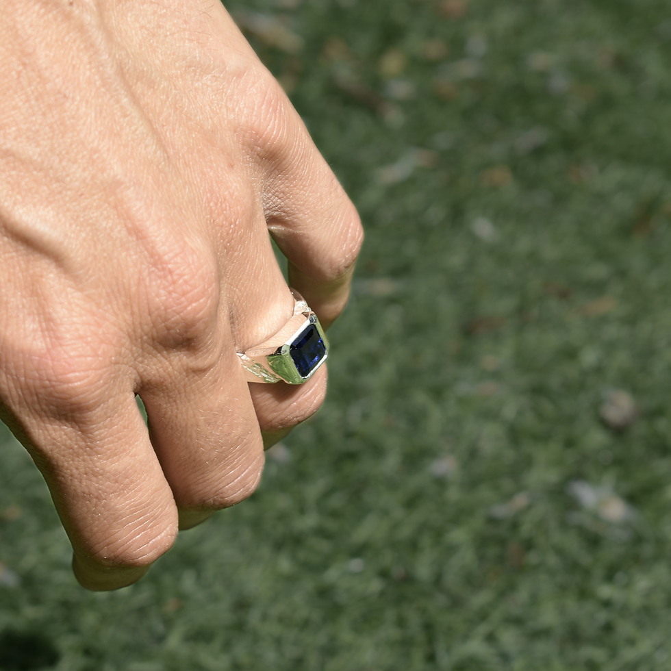 Thumbnail: Handmade silver ring with 10x8 mm lab sapphire, emerald cut, bold modern design with textured band.