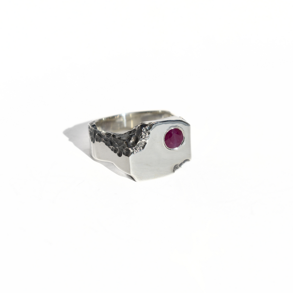 Thumbnail: Handmade silver ruby ring, asymmetrical design, bold artisan jewelry, July birthstone ring.