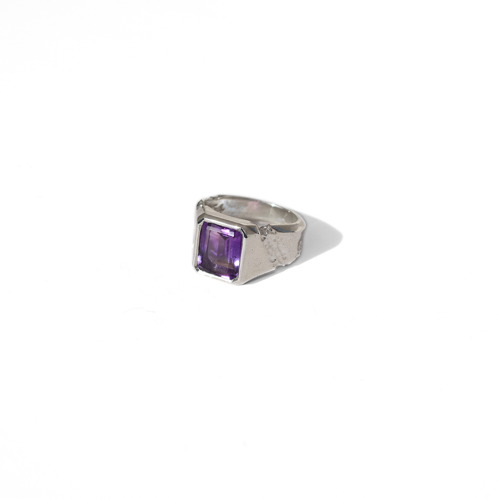 Thumbnail: Handmade silver ring with 10x8 mm amethyst, emerald cut, bold modern design with textured band.