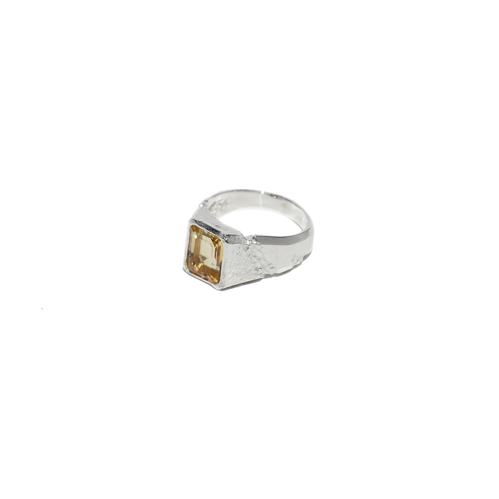 Thumbnail: Sterling silver ring with rectangular yellow citrine and raw textured design, men's modern jewelry