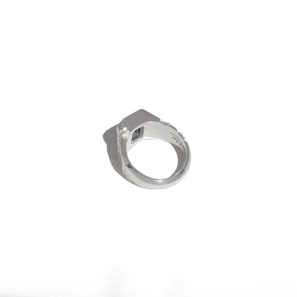 Thumbnail: Handmade silver ring with 10x8 mm lab sapphire, emerald cut, bold modern design with textured band.