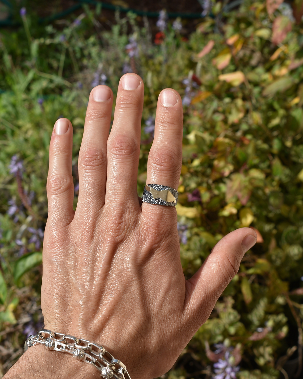 Thumbnail: Oxidized sterling silver ring with attached 14K gold plate, raw textured mixed metal band with organic handmade design