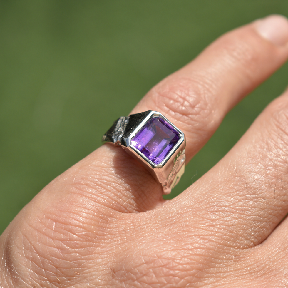 Thumbnail: Handmade silver ring with 10x8 mm amethyst, emerald cut, bold modern design with textured band.