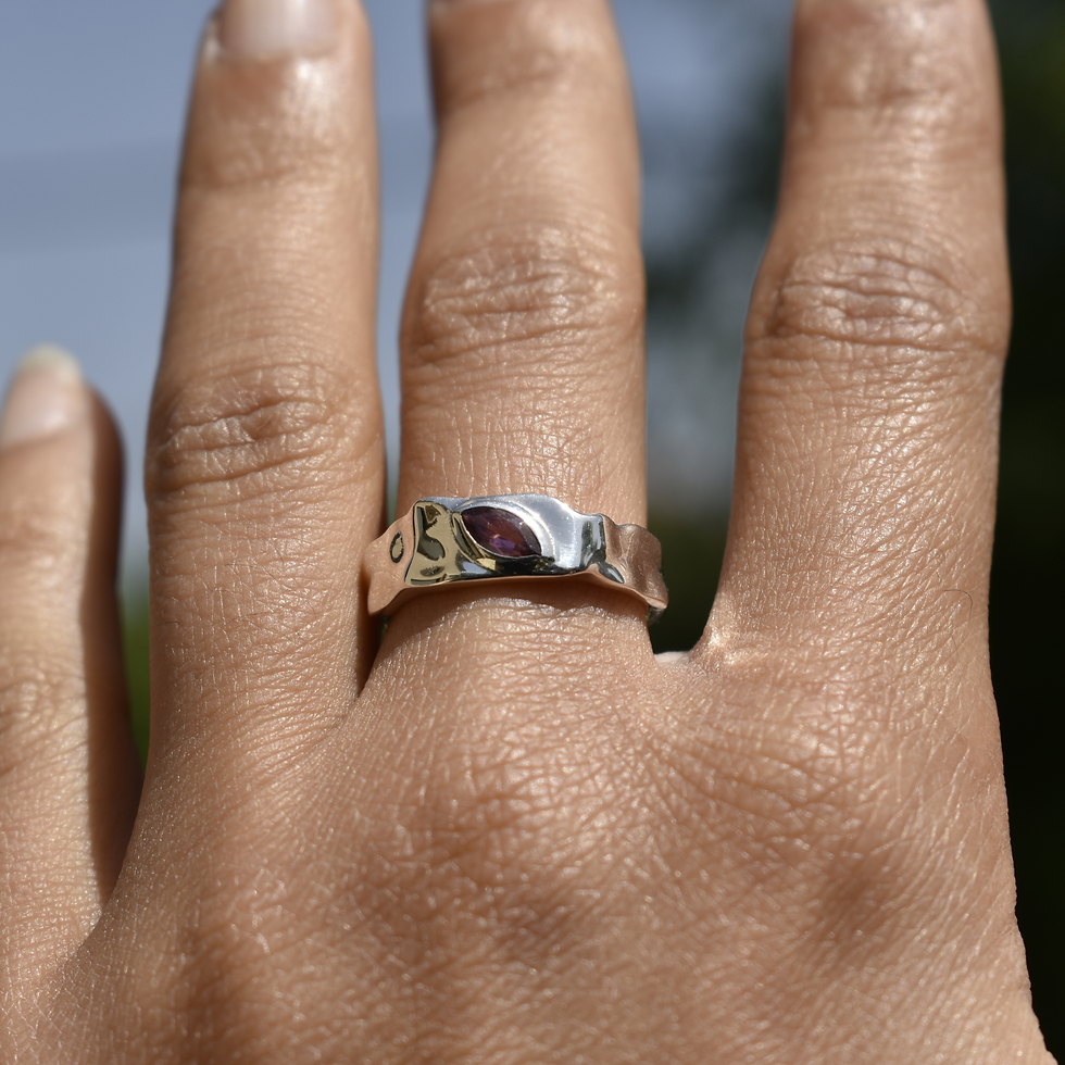 Thumbnail: Silver ring with marquise pink tourmaline, handcrafted wavy band, organic modern design