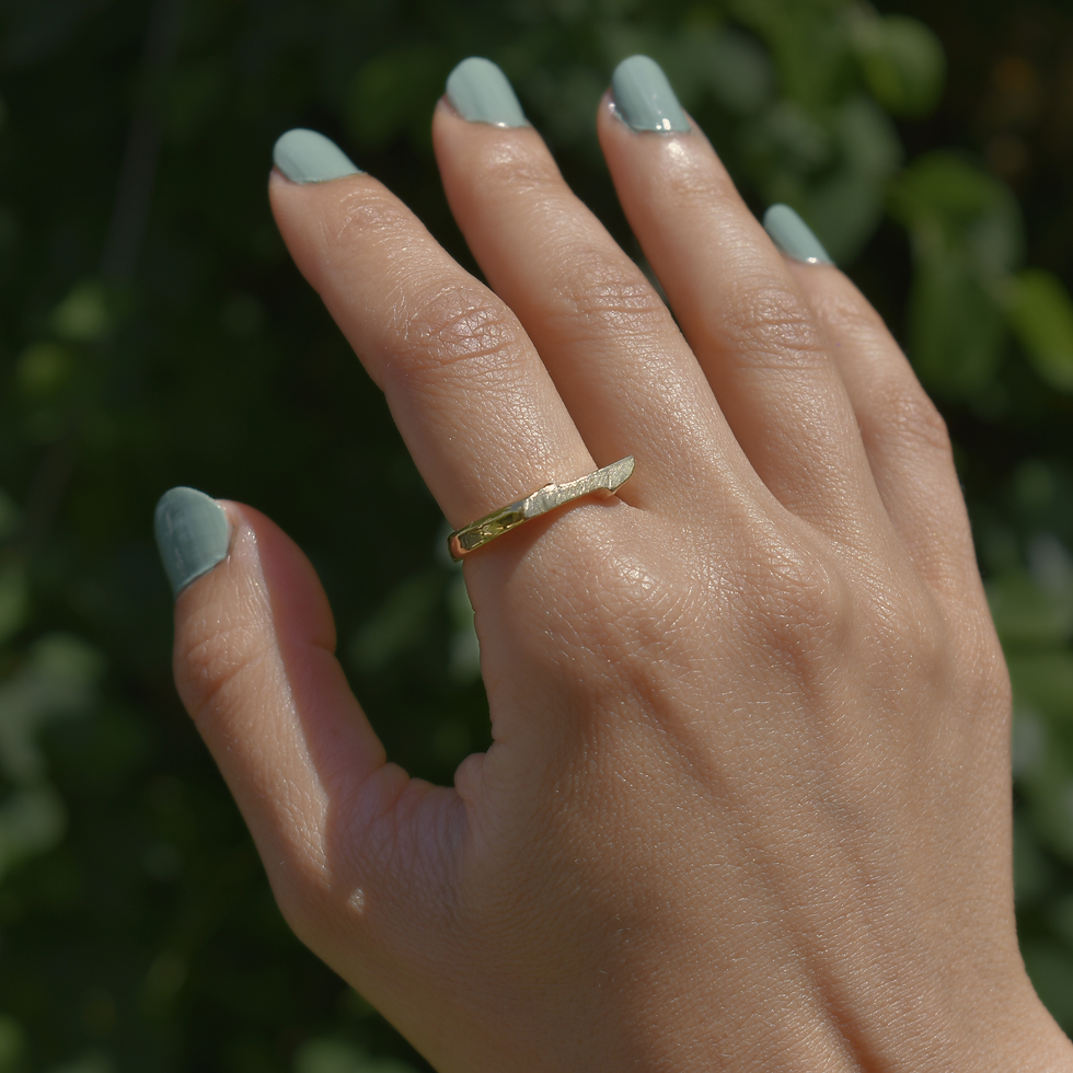 Thumbnail: Minimalist gold ring with matte-textured top and unique asymmetric design, handmade from solid gold.