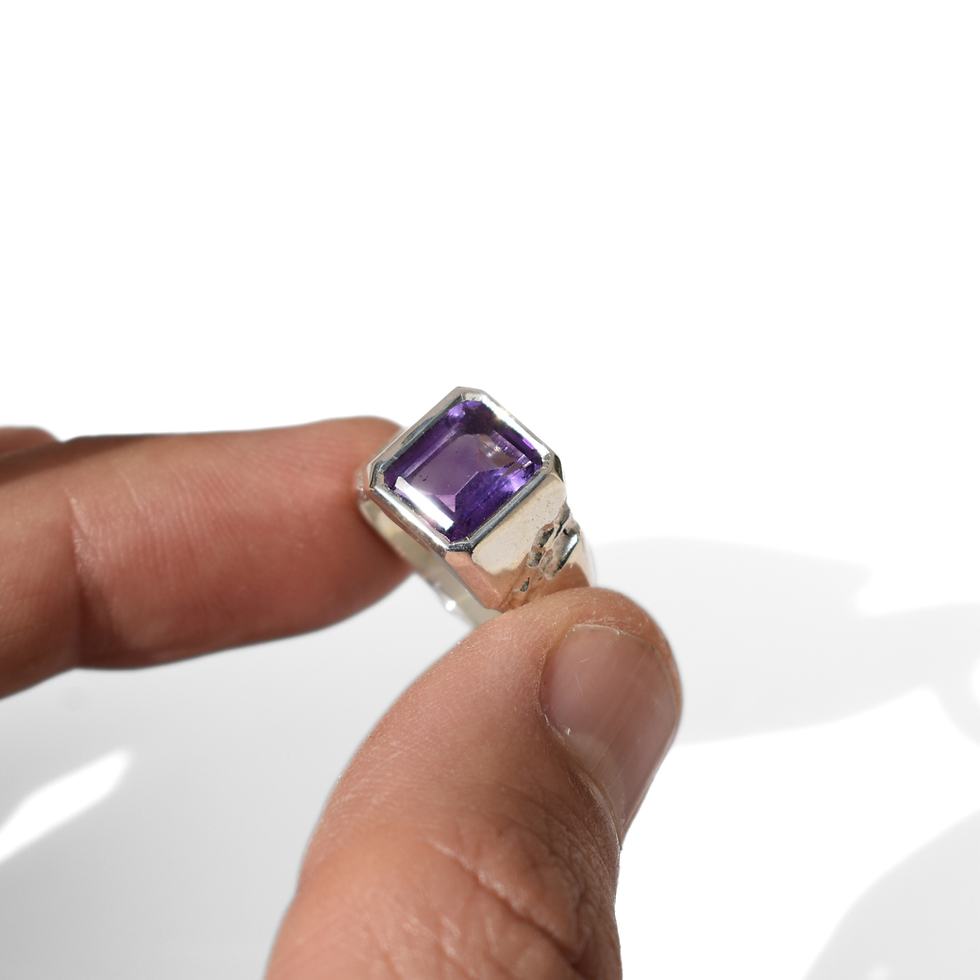 Thumbnail: Handmade silver ring with 10x8 mm amethyst, emerald cut, bold modern design with textured band.