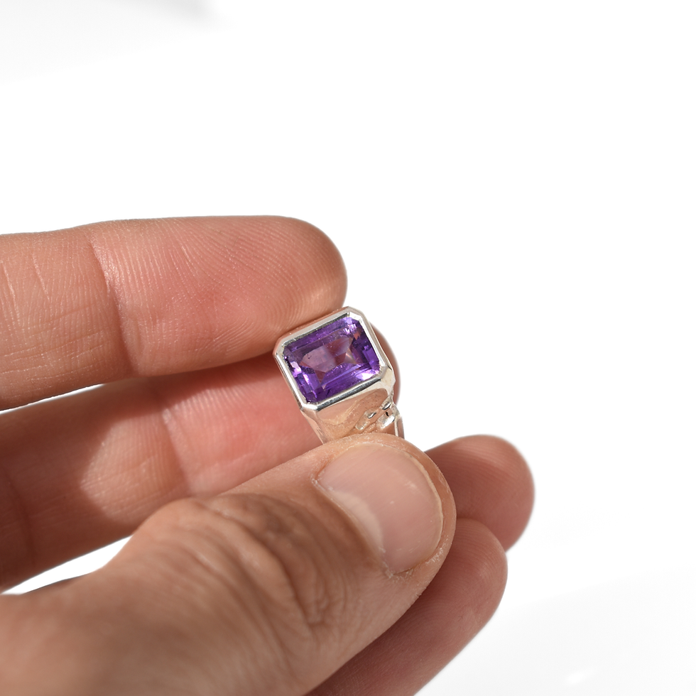 Thumbnail: Handmade silver ring with 10x8 mm amethyst, emerald cut, bold modern design with textured band.