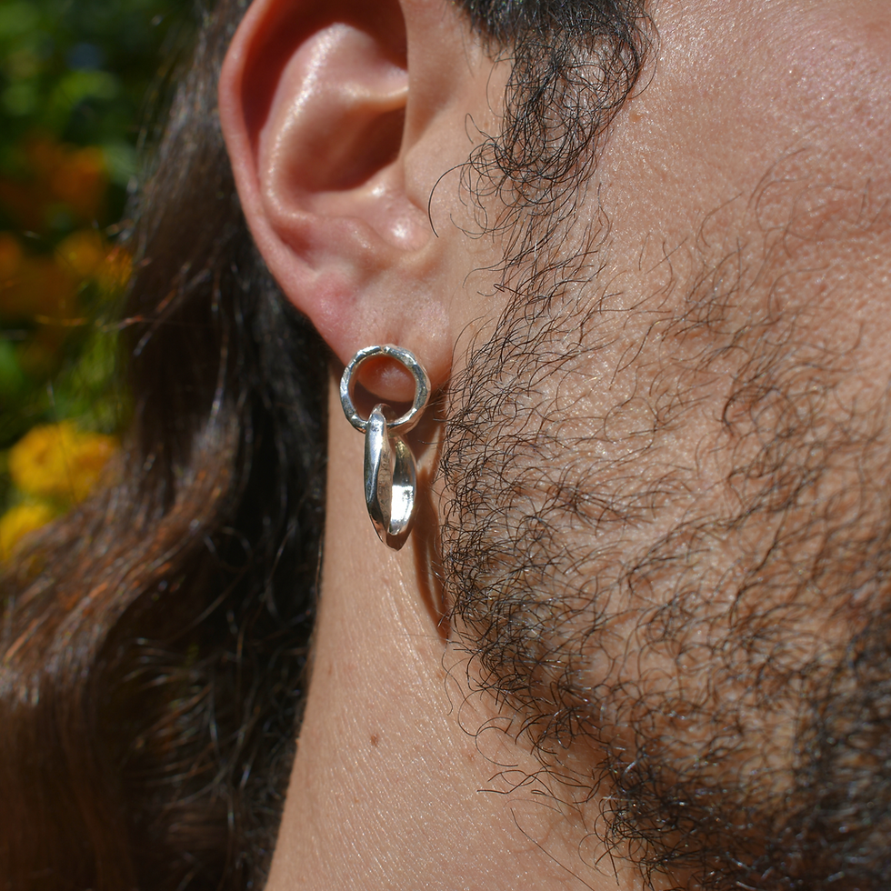Thumbnail: Handmade sterling silver dangle earrings with hammered texture and organic interlocking hoop design.