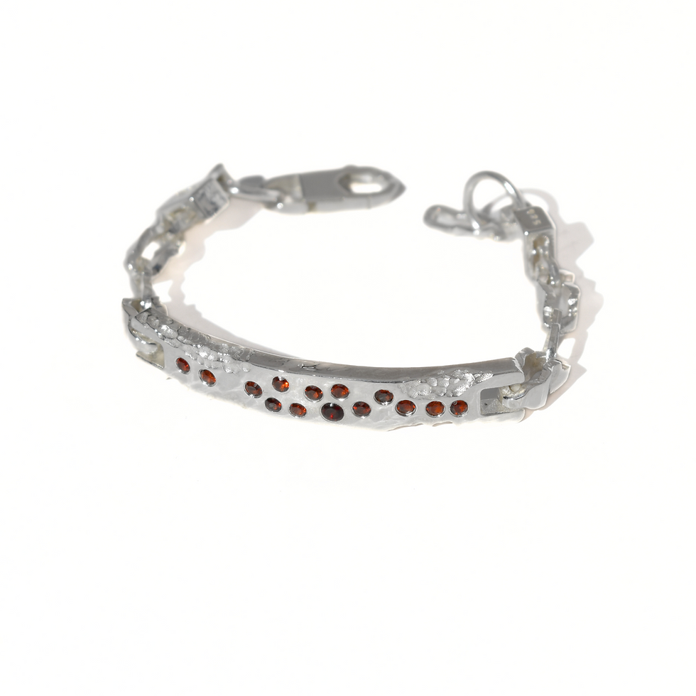 Thumbnail: Sterling silver bracelet with hammered finish and garnet stones, bold and unique handmade jewelry.