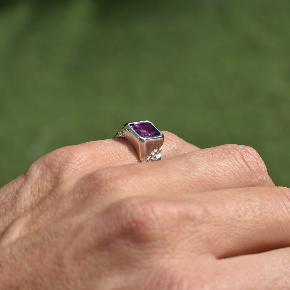 Thumbnail: Handmade silver ring with 10x8 mm amethyst, emerald cut, bold modern design with textured band.
