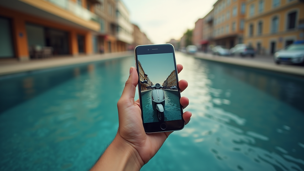 Vue en plongée d'une main tenant un smartphone affichant une annonce de scooter d'occasion