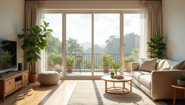 Eye-level view of a bright living room with a balcony and potted plants