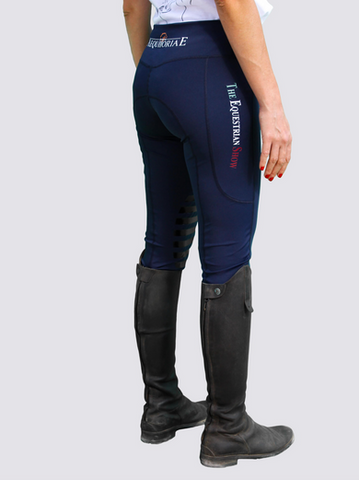 Side view of navy leggings with the equestrian show design