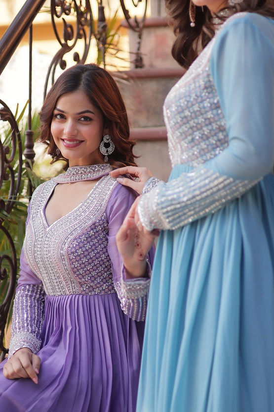 थंबनेल: RANG BHOOMI -  PASTEL GEORGETTE GOWN WITH HEAVY EMBROIDERY  - LILLEMART.COM