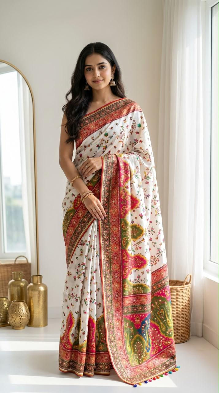 थंबनेल: RANG BHOOMI - TRADITIONAL MIRROR WORK SAREE WITH ELEGANT PIPING BORDER - LILLEMART.COM