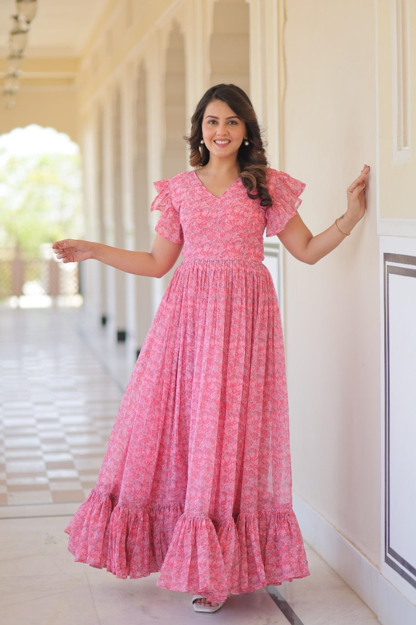 थंबनेल: RANG BHOOMI -FLAIRED FAUX GEORGETTE BELL SLEEVE GOWN - LILLEMART.COM