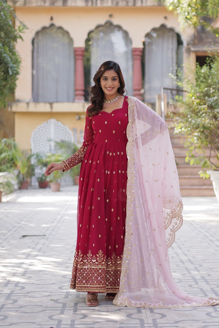 थंबनेल: RANG BHOOMI - DEEP PINK TABBY ORGANZA MAXI SUIT - LILLEMART.COM