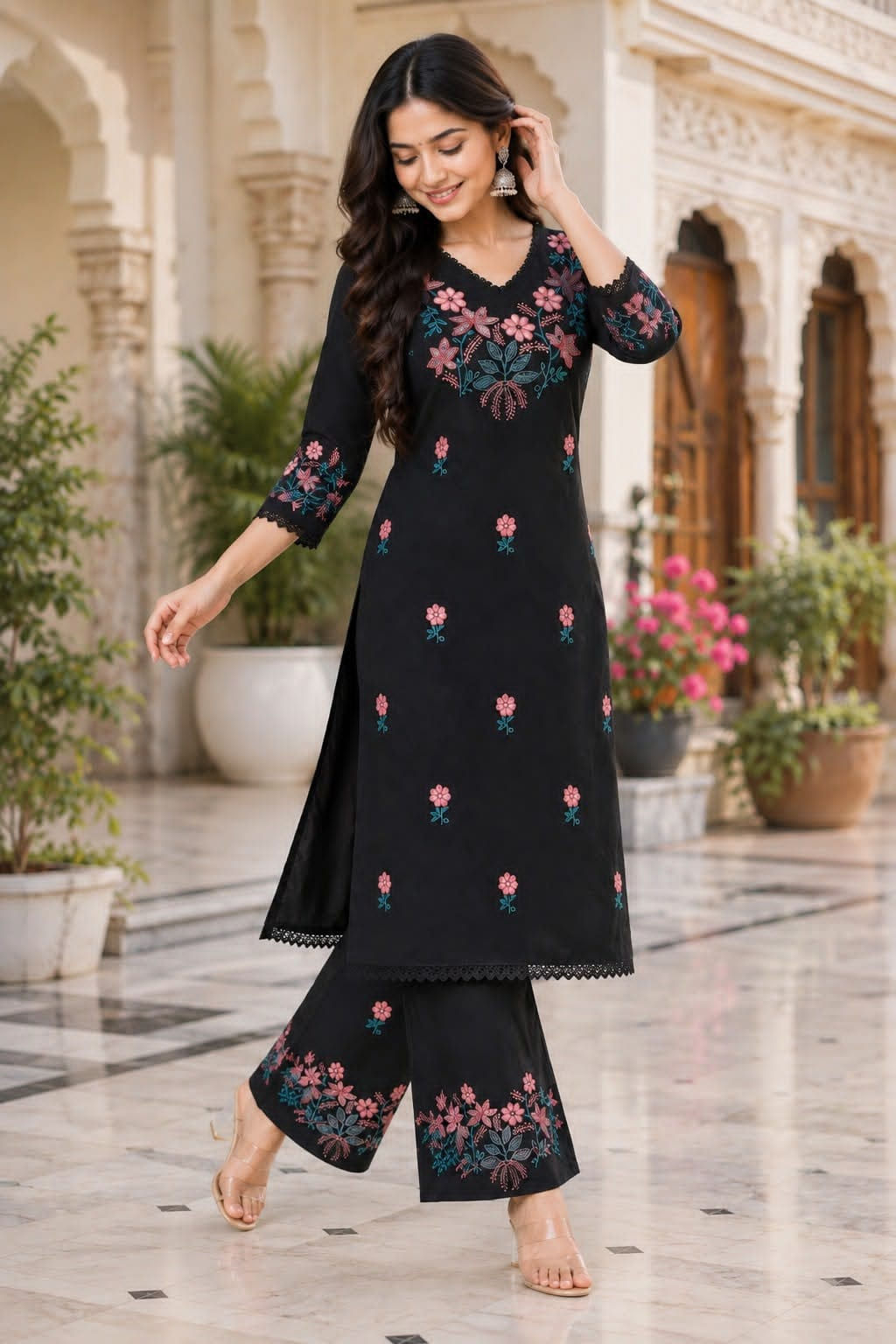 RANG BHOOMI - CLASSIC BLACK 100% PURE COTTON EMBROIDERED KURTI WITH PALAZZO SET - LILLEMART.COM