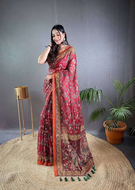 थंबनेल: RANG BHOOMI - MALAI COTTON SAREE WITHKALAMKARI PRINT - LILLEMART.COM