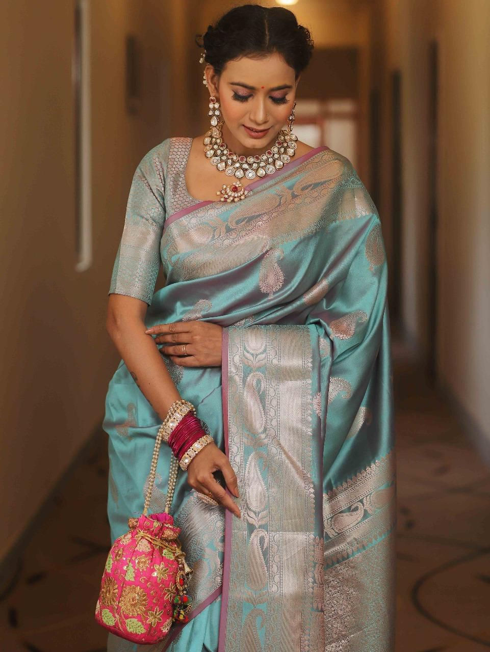 थंबनेल: RANG BHOOMI - SOFT LITCHI SILK SAREE WITH ZARI BORDER - LILLEMART.COM