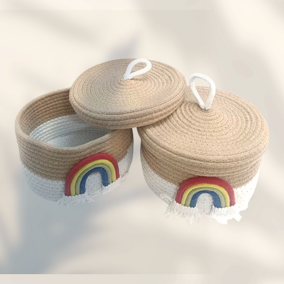 Thumbnail: FIBRE GOLD - COTTON ROPE BASKET WITH LID -  RAINBOW MOTIF - LILLEMART.COM