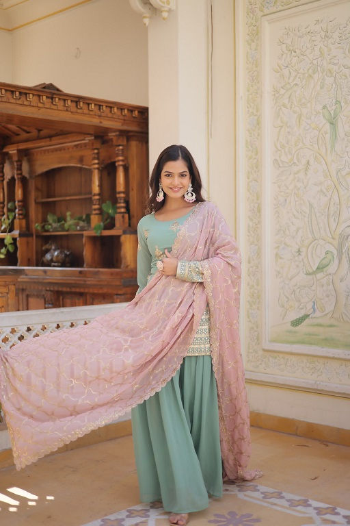 Thumbnail: RANG BHOOMI - PREMIUM KURTI PALAZZO WITH EMBROIDERY - LILLEMART.COM