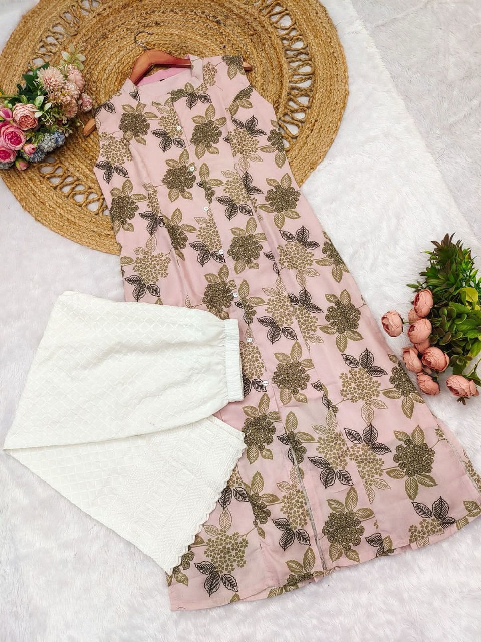Thumbnail: RANG BHOOMI - GREY COTTON SLEEVELESS KURTI PANT SET  - LILLEMART.COM