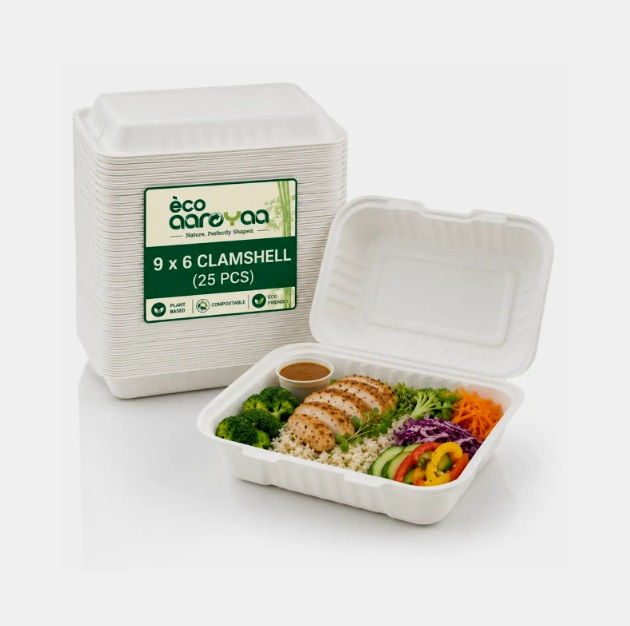 ECO AAROYAA | BAGASSE CLAMSHELL 9X6 | PACK OF 25 - LILLEMART.COM