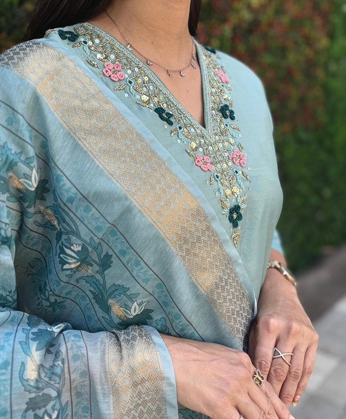 Thumbnail: RANG BHOOMI - SEA GREEN ROMAN SILK KURTI SET - LILLEMART.COM