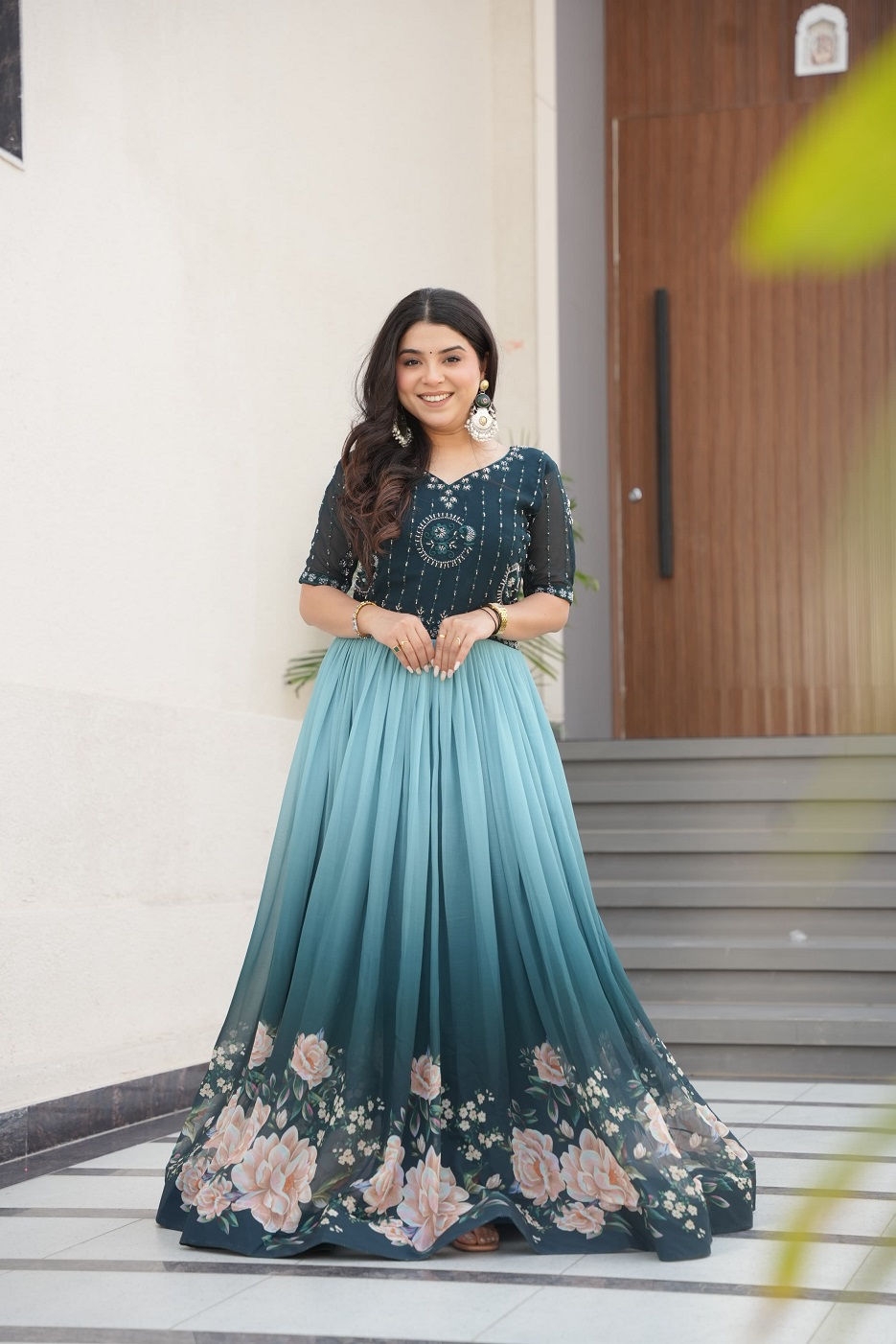 Thumbnail: RANG BHOOMI - COLOUR BLENDED FAUX BLOOMING GOWN  - LILLEMART.COM
