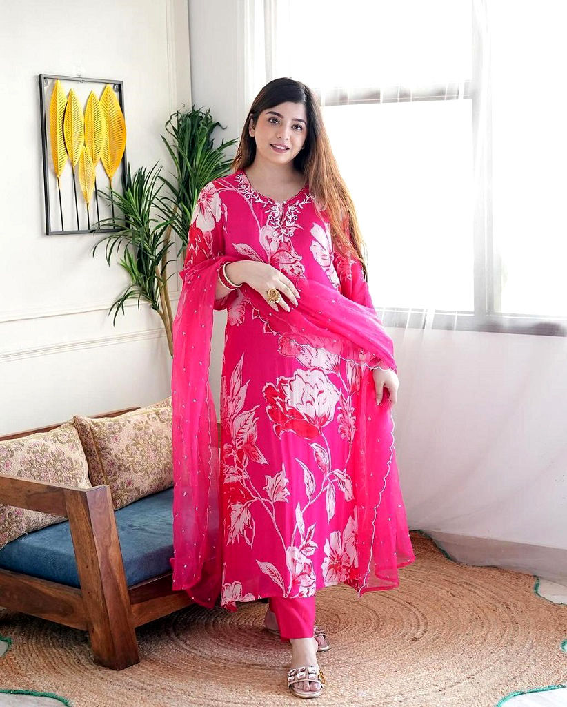 Thumbnail: RANG BHOOMI - PINK & WHITE FLORAL KURTI SET - LILLEMART.COM