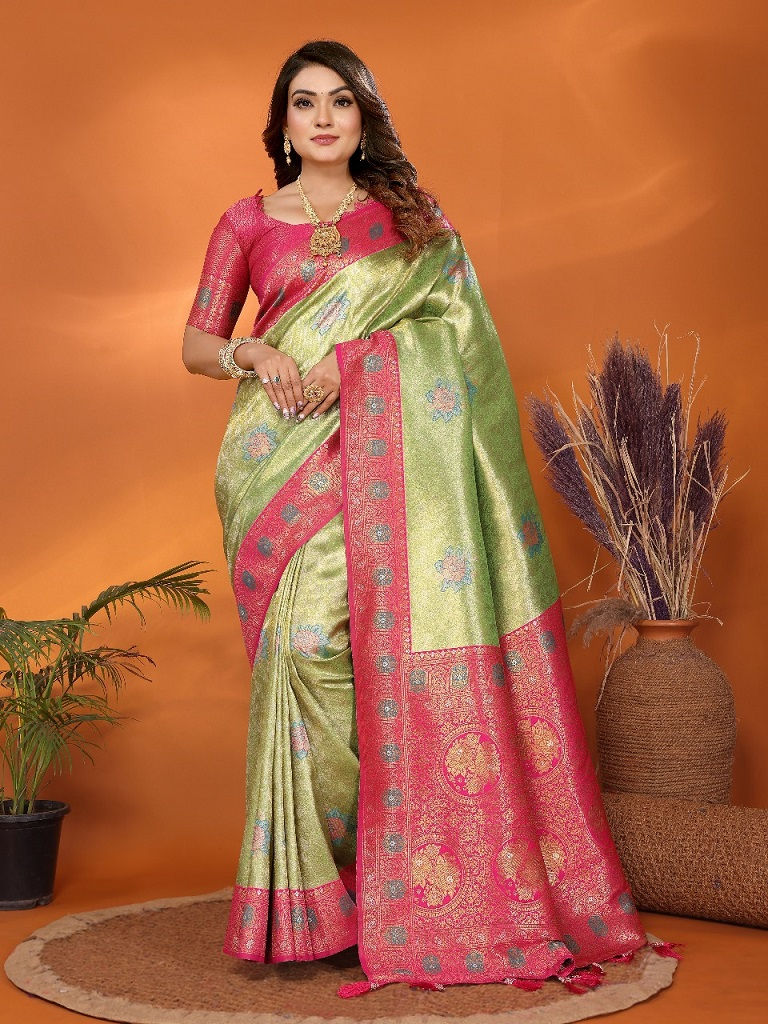 Thumbnail: RANG BHOOMI - PREMIUM TISSUE SILK BANARSI SAREE WITH PAITHANI BORDER  - LILLEMART.COM