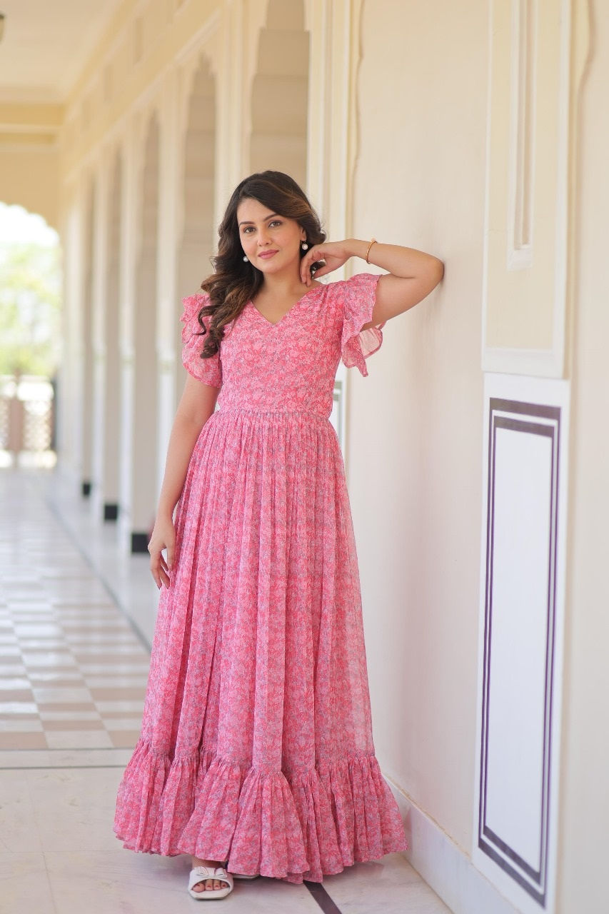 थंबनेल: RANG BHOOMI -FLAIRED FAUX GEORGETTE BELL SLEEVE GOWN - LILLEMART.COM